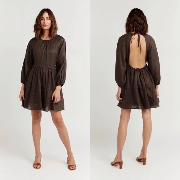 NWT DISSH Lenore Open Back Chocolate Brown Tie Neck Puff Sleeve Linen Dress US 6 - Picture 2 of 12